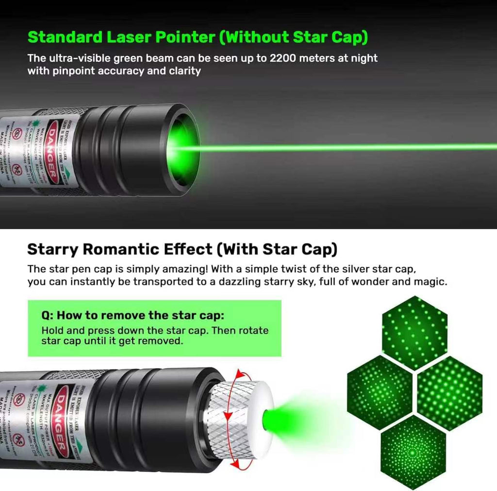 IVVTRYI Long Range High Power Tactical Green Beam Flashlight Laser Pointer rechargeableUSB Laser Pointer Cat Toys with Star Cap Adjustable Focus for Teaching Outdoor Hunting
