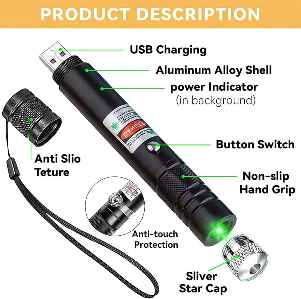 IVVTRYI Long Range High Power Tactical Green Beam Flashlight Laser Pointer rechargeableUSB Laser Pointer Cat Toys with Star Cap Adjustable Focus for Teaching Outdoor Hunting